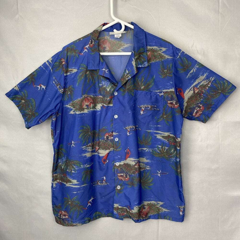 VTG ASHERDO SPORT Shirt L Hawaiian Tropical Blue Palm Surfer 80's Rockabilly 80s